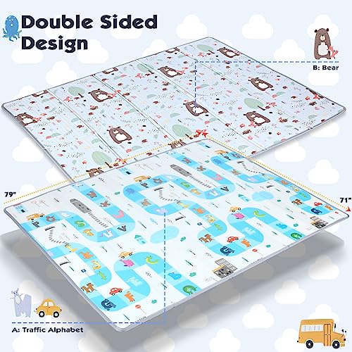 Mem Baby Play Mat 79" X 71", Foldable Baby Play Mats For Floor, Reversible Waterproof Foam Playmat For Babies And Toddlers, Extra Large Non-Slip Baby Crawling Mat With Travel Bag #TOP1