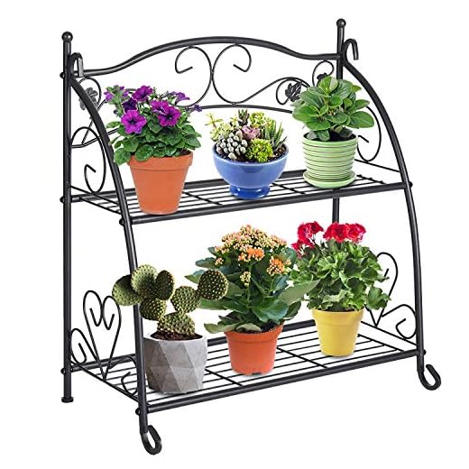 DOEWORKS 2 Tier Metal Plant Stand Storage Rack Shelf Pot Holder for Indoor Outdoor Use, Black