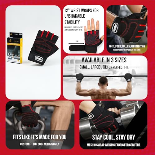 Image of PulseITGripGloves Weightlifting Gloves for Men & Women | 12-Inch Wrist Wrap Support & Anti-Slip Padded Palm | Gym Gloves for Workout, Powerlifting, Strength Training & Heavy Lifting | Black, M
