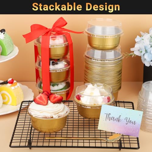 Beasea Aluminum Ramekins With Lids, 100 Pack 6.1oz 180ml Disposable Foil Aluminum Baking Cups Round Oven Baking Mini Cupcake Cups for Party - Gold by Beasea - Image 5