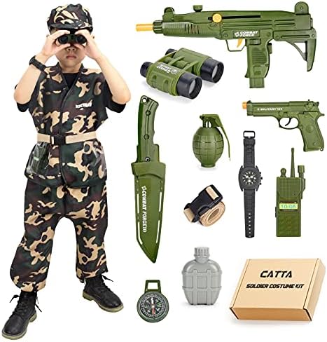 CATTA Kids Army Soldier Dress up Costume, Camouflage with Berets, Saber, Toy Gun, Telescope, Walkie Talkie, Compass, Whistle and Kettle Deluxe Dress Up Role Play Set for Kids Aged 4-10 Costume Part