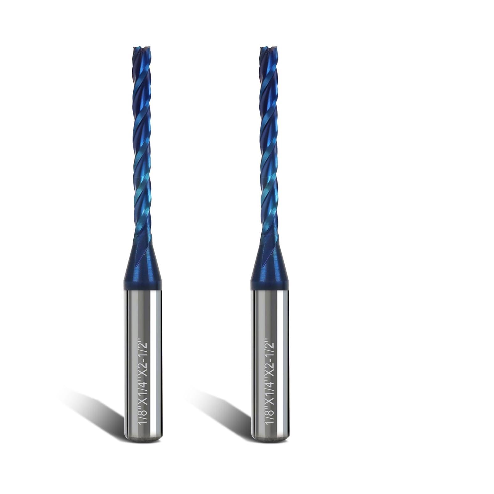 2 brocas de enrutador CNC de 3 flautas de 1/8 pulgadas de diámetro de corte de 1/4 pulgadas, fresa de extremo de carburo sólido en espiral con nano revestimiento azul para tallado de madera