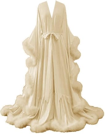 Changuan Feather Bridal Robe Silk Satin Robes Old Hollywood Long Bathrobe Lingerie Nightgown Sleepwear Maternity Photoshoot