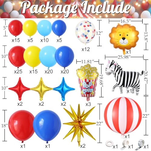 Carnival Circus Balloon Arch Kit,146Pcs Red Yellow Blue Balloon Garland with 4D Red White Stripe,Popcorn,Zebra,Lion,Explosion Star Foil Balloons for Birthday Carnival Circus Theme Party Decorations