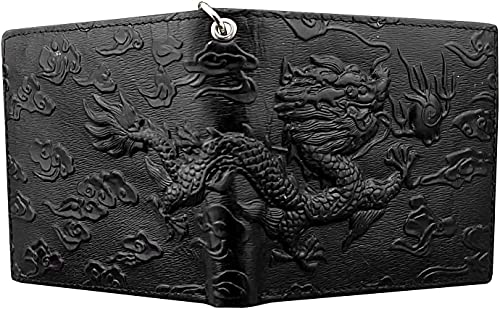 Balck Men Real Leather Vintage Dragon Wallet with Chain Card Holder Purse (horizontal style) black4