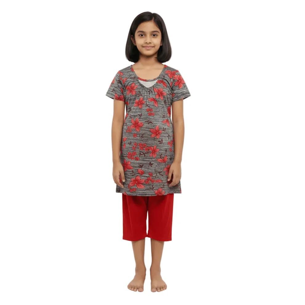 Saadhya Mart Girls Swim Costume | Grey & Red Floral Swimwear with Shorts | Half Sleeve Tunic Style | Quick Dry Stretchable Fabric | Comfortable Fit | Size 36 2