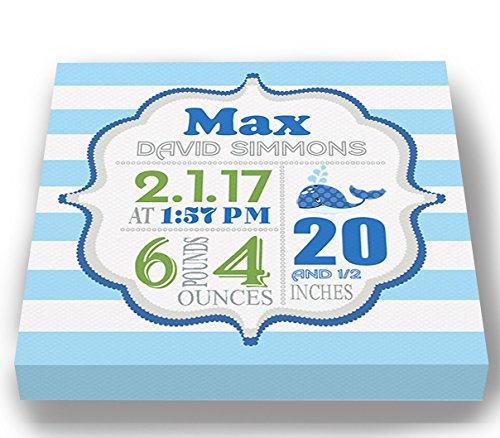 Personalized Stretched Canvas, Striped Nautical Birth Announcement, Custom Baby Name, Date, Weight Stats, Whale Nursery Wall Decor, Wooden Frame Construction, Ready to Hang 24X24
