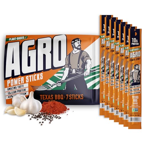 Image of Texas BBQ Vegan Jerky Sticks, High Protein Plant Based Snack, 7 Sticks | AGRO POWER Jerky Sticks, High Protein, Non-GMO, Low Sodium, No Cholesterol, Meatless Healthy Snack for Lunch, On-the Go Fuel