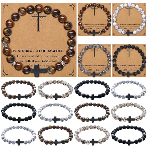 12 Set Christian Gifts Bulk for Men Cross Bead Bracelet Jesus WWJD Crucifix String Bracelet Christian Religious Gift