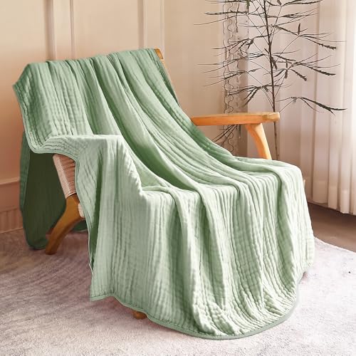 Image of SANACYNA Muslin Blankets for Adults 6-Layer Gauze 100% Cotton Green Bed Blanket Lightweight Soft and Breathable Blanket for Sofa Couch Bed Coverlet Keep Warm (Mint Green, Queen 90 inch X 90 inch)