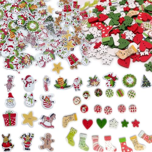 Kovolala 200-PCS Christmas Wooden Buttons Set - Assorted Craft Buttons with Snowflake Designs for DIY Holiday Crafts Multi-Size Mixed Styles