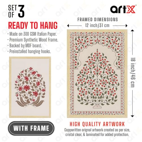 Image of ArtX Paper Madhubani Floral Paintings with Frame for Home Decor Wall Art, Wall Paintings for Living Room, Multicolor, Natural Wood Color Frames, 12.0x18.0 inch, Set of 3