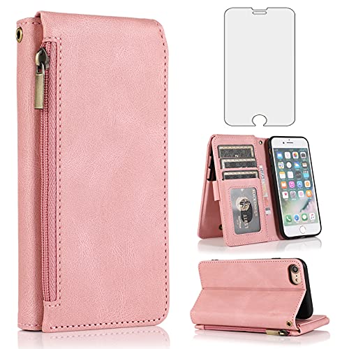 Étui portefeuille iPhone SE 2020 avec protection écran verre trempé et fentes cartes rose gold
