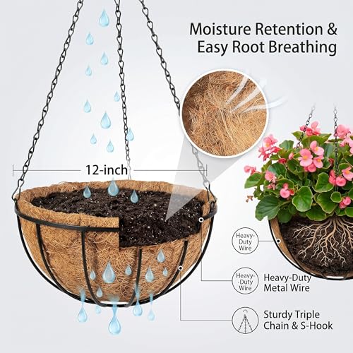 Kingbuy 12" Metal Hanging Basket for Herbs & Flowers – 6" Depth Rust-Resistant Wire with Coconut Liner & Adjustable Chains for Kitchen Window, Balcony & Garden - 1 Pack — view 5
