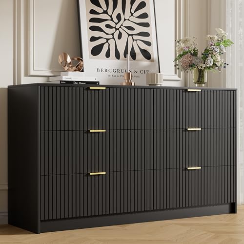 Image of Furniway Black Dresser Bedroom Set 3 Pieces, Nightstands Sets of 2, 6 Drawer Dresser with Gold Handles for Bedroom