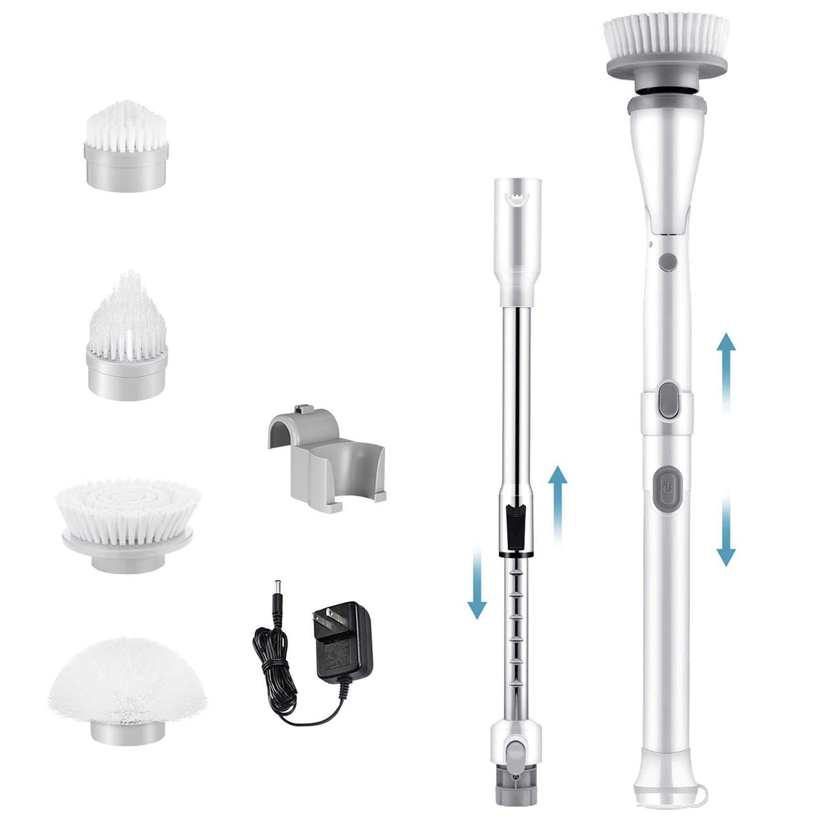 Electric Spin Scrubber, Shower Scrubber with Adjustable Extension Arm 25-47 in, Built-in Two 2500 mAh Cordless Bathroom Power Scrubber with 4 Brush Heads, Shower Cleaning Brush for Tub, Tile, Grout