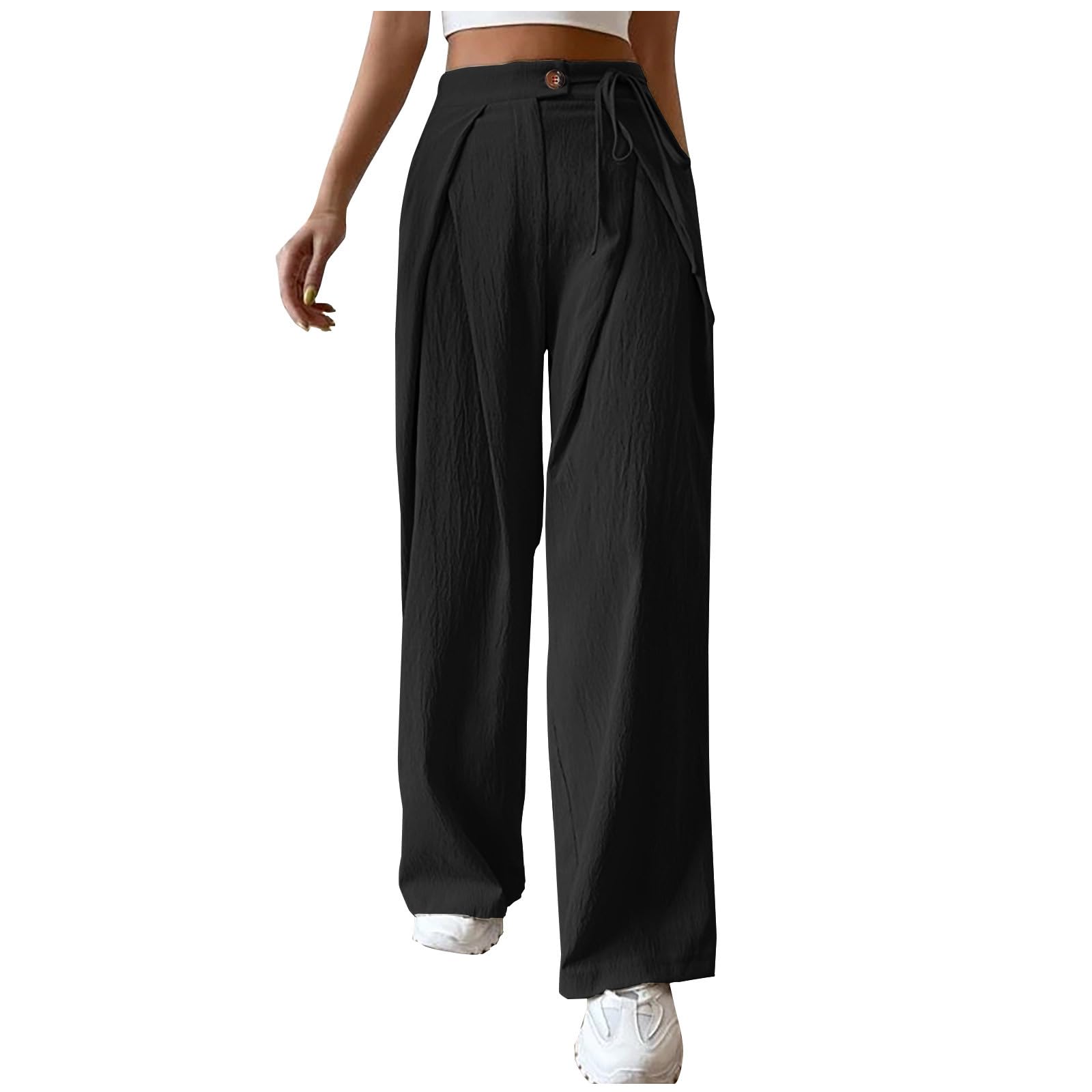 Pants for Women Pleated Straight Leg Long Pants High Waist Lace-Up Trousers Lightweight Casual Palazzo Wide Leg Pants