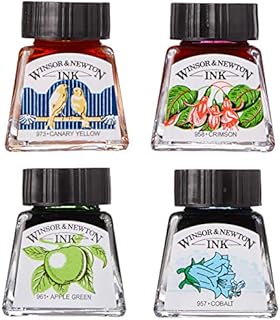 Winsor & Newton 1090105 Drawing Inks - tusz kreślarski dla kaligrafów, ilustratorów, grafików, artystów - wodoodporne kolory, doskonała przejrzystość - Collection 4 Vibrant Tones Set