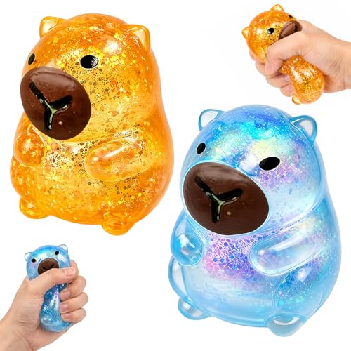 WitMbg 2 PCS Glitter Capybara Squeeze Balls Fidget Stress Ball for Adults Stress Relief During Work Breaks and Travel Blue and Orange Slow Rise Sensory Fidget Desk Decor Collectibles