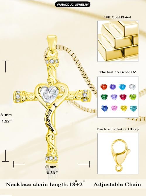 Birthstone Cross Necklace for Women, Heart Cross 14K Gold /18K White Gold /Rose Gold Womens Pendant Necklace I Love You Jewelry Anniversary Birthday Christmas Gifts for Her Mom Wife Girlfriend - Image 5