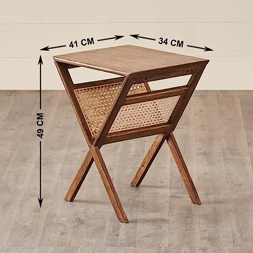 Image of Kuwait Rattan Side Table for Bedroom | Cane End Table for Living Room | Mango Wood, Honey Teak Finish | Peg Table for Sofa |