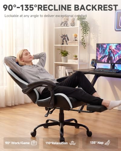 Image of LUCKRACER Gaming Chair, Comfy Computer Chair w /Footrest for Adults, White