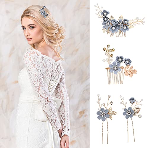 Nuobesty 4Pcs Wedding Handmade Hair Comb Set Fashion Floral Bridal Headpiece Hair Accessories Bridal Hair Pin Bride Wedding Hair Clip Rhinestone Bridal Hair Comb Wedding Dress Accessories (Blue) #TOP7