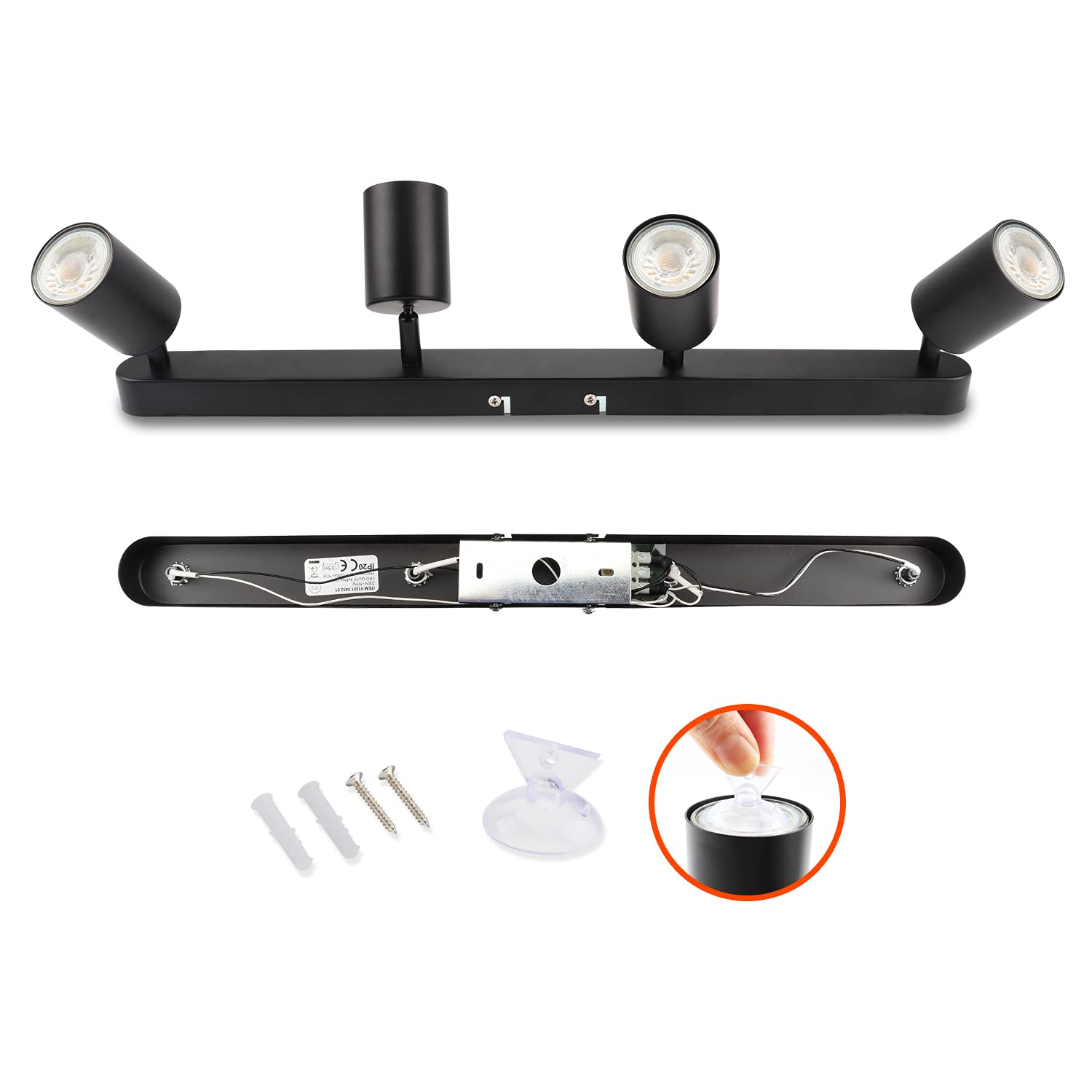 DA LIGHT Plafonnier LED à 4 flammes, pivotant et orientable Spot mural, GU10 (sans ampoules) Plafonnier rétro/vintage 230V noir pour salon chambre cuisine