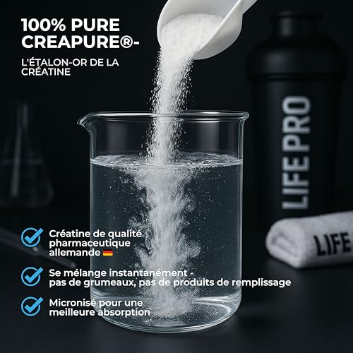 Creatine Monohydrate Creapure Life Pro 500g – Créatine Micronisee Pure – Goût Neutro – Jusqu’à 166 Doses – Sans Gluten – Pour Force, Énergie et Récupération Musculaire – Qualité Allemande Garantie – Image 3