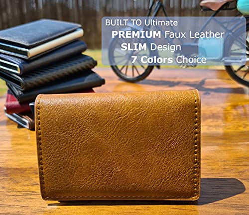 Moo-Shiner Credit Card Holder Rfid Blocking Leather Automatic Pop Up Wallet Aluminum Slim Pocket Bifold Business Card Case (Brown) #TOP20