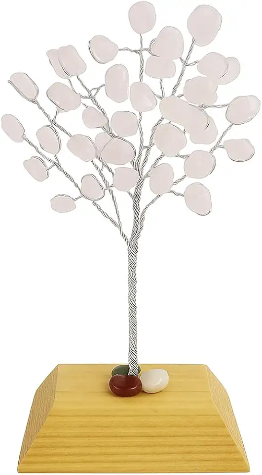 Árvore de Pedra Natural Quartzo Rosa com Base em Madeira – Variações de Cristal | Decoração e Energização