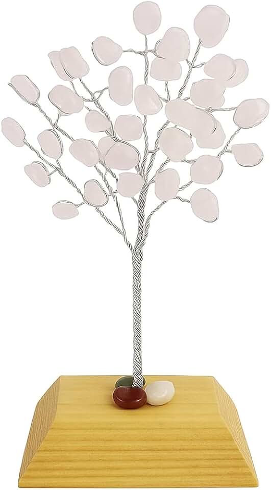 Árvore de Pedra Natural Quartzo Rosa com Base em Madeira – Variações de Cristal | Decoração e Energização