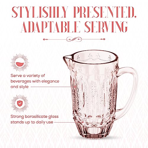 Elle Decor Pink Vintage Glass Pitcher Water Carafe Jug for Iced Tea, Juice & Beverages – 43.9 Oz Glass Drink Server for Mimosa Bars, Sangria, Milk & Tabletop Entertaining