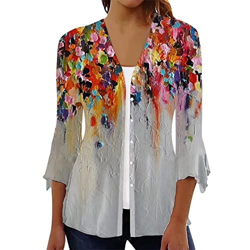 Women's Floral Print Bell 3/4 Sleeve Cardigan Lightweight Open Front Button Down Cover Up Casual Blouse Tops