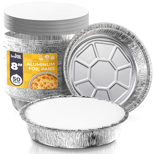 Fit Meal Prep 50 Pack 8” Round Aluminum Foil Pans with Lids, 8 inch Take Out Containers with Cardboard Covers for Freshness, Heavy Duty Disposable Baking Pie Pan for Cooking, Freezer & Oven Safe