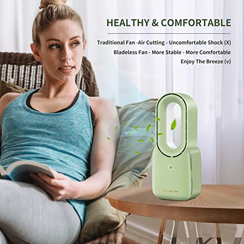 Misby Desk Fan, Bladeless Fan Quiet Table Fan, 11.8 Inch Battery Operated Fan With Touch Control Personal Cooling Fan 5 Colors Led Light For Office, Bedroom (Green) #TOP1