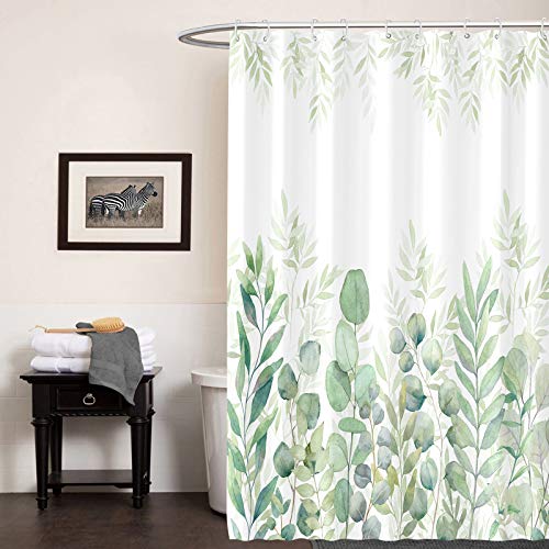 Amm Green And White Shower Curtain, Fabric Shower Curtains For Bathroom, Plant Leaves Shower Curtain Sets With 12 Hooks 72''×72‘’ (Green) #TOP4