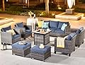 ovios 8 Pieces Patio Furniture Set with 30" Fire Pit Table, Outdoor Wicker Sofa with Comfy Cushions, All Weather High Back Rattan Couch Conversation Set, Denim Blue
