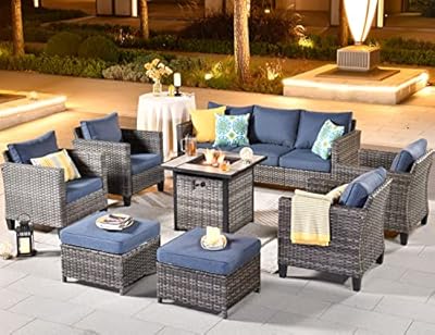 ovios 8 Pieces Patio Furniture Set with 30" Fire Pit Table, Outdoor Wicker Sofa with Comfy Cushions, All Weather High Back Rattan Couch Conversation Set, Denim Blue