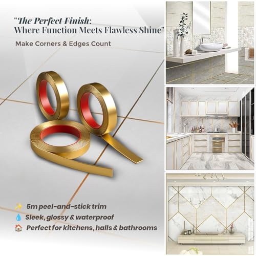 Image of Gold Moulding Patti for Wall - 5M Self Adhesive Metal Strip | T Profile Wall Moulding Trim for Ceiling, Furniture, Cabinet, Tile Border | 25MM SS 201 Mirror Finish (Gold, 25MM)