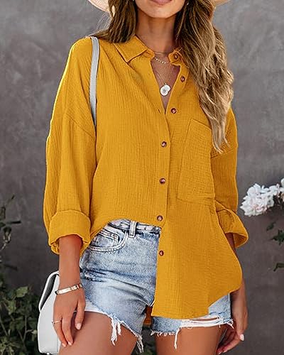 Image of NOLLSOM Casual Shirts for Women Long Sleeve Button Down Blouses Fall 2026 Solid Color Trendy Tops with Pocket
