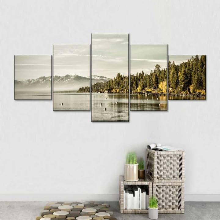 Poster mural forêt au bord d'un lac 5 parties decoration salon en toile 200x100cm