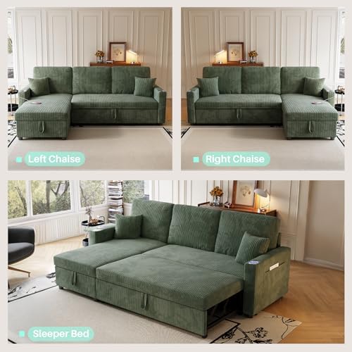 Sleeper Sectional Sofa, 83" Convertible Sofa Bed with Pull Out Couches, Small Desktop, L Shaped Couch with Reversible Chaise, Cup Holders, USB, Modern Corduroy Sofas for Living Room Apartment, Green - Thumbnail 5