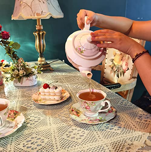 Pulchritudie Pink Azalea Porcelain English Teapot, Coffee Pot, Golden Rim, Light Weight, 37 Oz