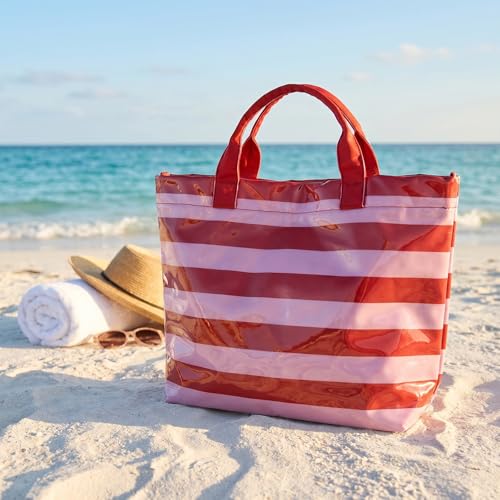 Image of Striped PVC Tote Bag for Women, Waterproof Plastic Hobo Handbag Summer Tote for Beach, Pool & Ideal Gift