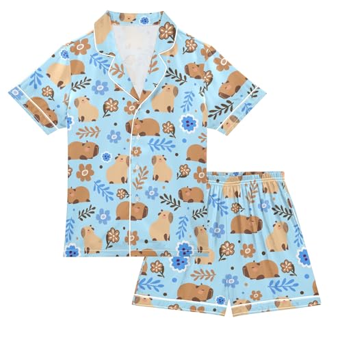 Cute Capybara Purple Flowers Summer Satin Pajama Set, Cute Button-Down Sleepwear Pj Set for Sleep Wears