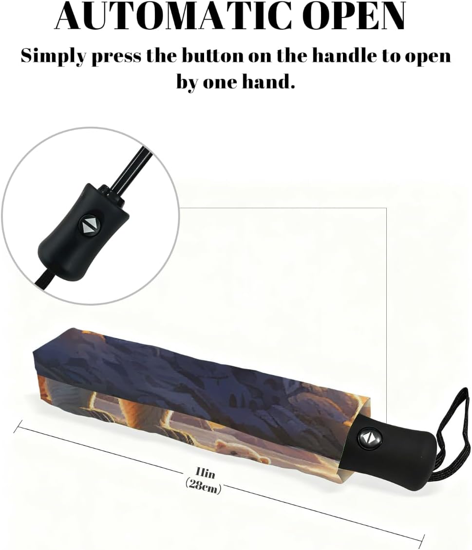 Sunset Animal Polar Bear Folding Umbrella Windproof Compact Lightweight Travel Umbrella with 8 Reinforced Ribs, Portable UV Sun & Rain Protection for Men & Women