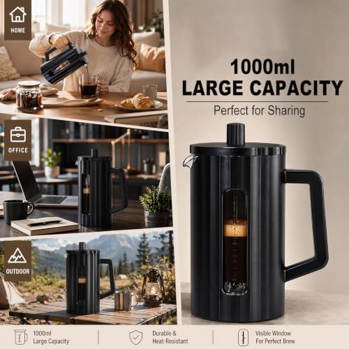Kaffeepresse 1000ml, French Press Schwarz – Bild 4