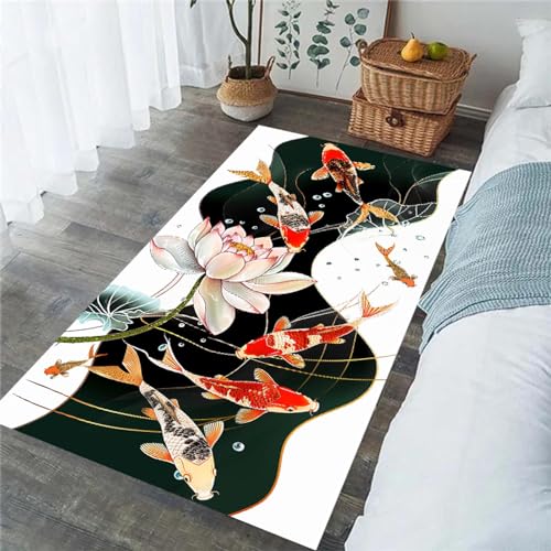 Tapis de sol carpe koï 80x250 cm antidérapant au motif lotus doré pour salon