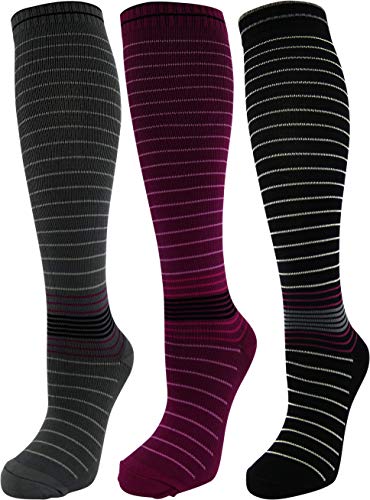 3 Pair Large/X-Large Premium Quality Colorful Moderate Graduated Compression Socks 15-20 mmHg. Nurses, Running, Travel, Knee-High, Mens and Womens Style & Grey, Black, Purple Striped Designs 3 Pair Large/X-Large Premium Quality Colorful Moderate Graduated Compression Socks 15-20 mmHg. Nurses, Running, Travel, Knee-High, Mens and Womens Style & Grey, Black, Purple Striped Designs